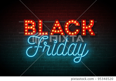 Black Friday Sale Illustration with Glowing Neon and Light Bulb Lettering on Dark Brick Wall Background. Vector New Year and Christmas Design Template for Greeting Card, Flyer, Banner, Celebration Black Friday Sale Illustration with Glowing Neon and Light Bulb Lettering on Dark Brick Wall Background. Vector New Year and Christmas Design Template for Greeting Card, Flyer, Banner, Celebration 95348520
