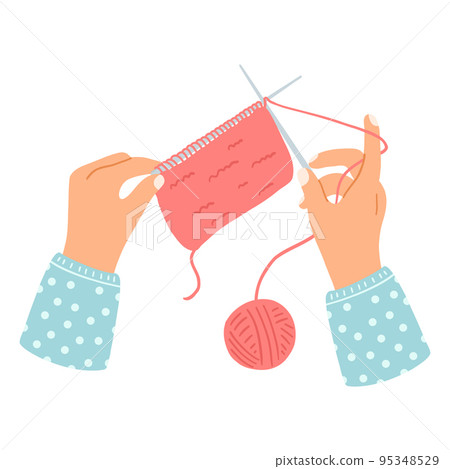 Hands hold knitting needles and yarn. Hand drawn vector illustration of knitting process, concept of hobby, leisure time Hands hold knitting needles and yarn. Hand drawn vector illustration of knitting process, concept of hobby, leisure time 95348529