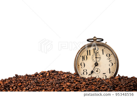 Roasted Coffee Beans and Old Alarm Clock Isolated on White Background Roasted Coffee Beans and Old Alarm Clock Isolated on White Background 95348556