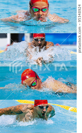 Water sports. Male and female professional swimmers in goggles and red swimming cap swimming at public pool. Sport, power, energy, style, hobby concept. Water sports. Male and female professional swimmers in goggles and red swimming cap swimming at public pool. Sport, power, energy, style, hobby concept. 95348924