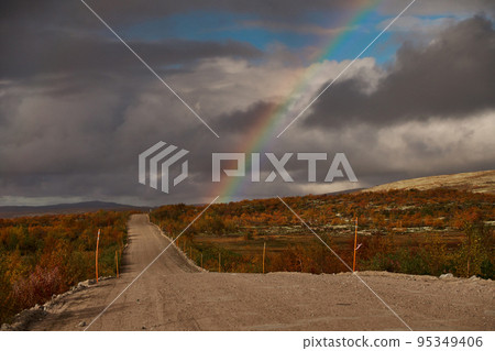Road running between arctic hills. Autumn season 95349406