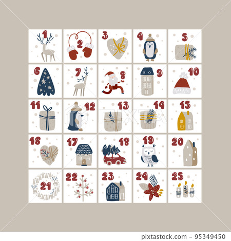 Vector Christmas advent calendar with hand drawn design elements Printables scandinavian set Vector Christmas advent calendar with hand drawn design elements Printables scandinavian set 95349450