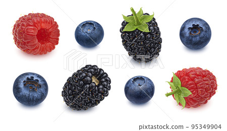 Berries mix. Blueberry, raspberry and blackberry isolated on white background Berries mix. Blueberry, raspberry and blackberry isolated on white background 95349904