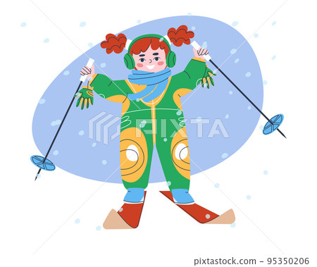 Smiling girl in winter overalls is skiing on a snowy winter day. Teen active hobby. Flat vector illustration. Eps10. Vector illustration 95350206