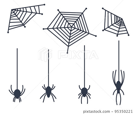 Set of poutine and spider. Angular web and spiders of various shapes. Flat vector illustration. Eps10. Vector illustration 95350221