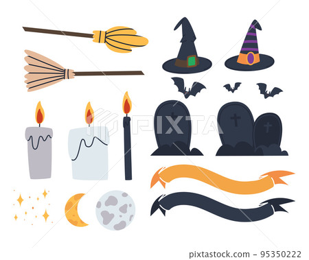 Magic items for a young witch. Hat, moon and candles with tombstones. Flat vector illustration. Eps10. Vector illustration 95350222