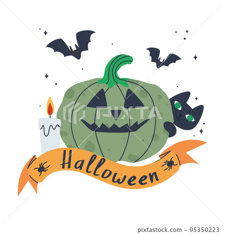 Pumpkin with a black cat and a candle on a white background. Halloween theme concept. Set of items for postcard design. Flat vector illustration. Eps10. Vector illustration Pumpkin with a black cat and a candle on a white background. Halloween theme concept. Set of items for postcard design. Flat vector illustration. Eps10. Vector illustration 95350223