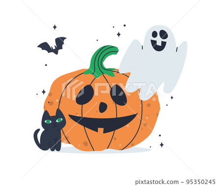 Halloween concept, pumpkin and black cat on a white background. Festive card in horror theme. Flat vector illustration. Eps10. Vector illustration 95350245
