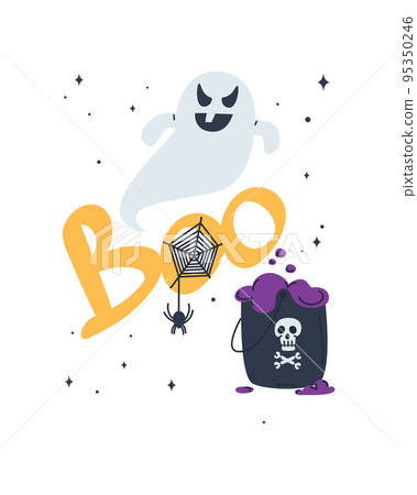 terrible ghost hangs over the letters Boo and a cauldron of poisonous brew. Horror and Halloween theme. Party invitation decor. Flat vector illustration. Eps10. Vector illustration 95350246
