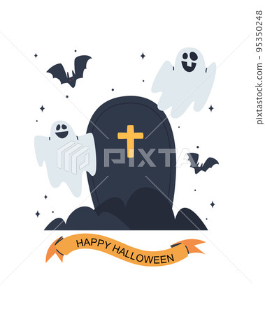 Gravestone and bats. Halloween theme for postcard design. Flat vector illustration. Eps10. Vector illustration 95350248