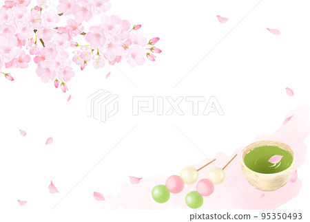 Cherry tree and petals-Tea and three-color dumpling Japanese style illustration set-Hand drawn material 95350493