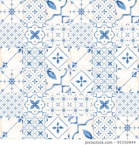 Beautiful vector seamless pattern with watercolor hand drawn blue dutch style tiles . Stock illustration. 95350944