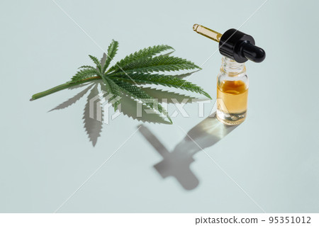 Set of legalized marijuana features with CBD oil product, hemp leaf and bud. Set of legalized marijuana features with CBD oil product, hemp leaf and bud. 95351012