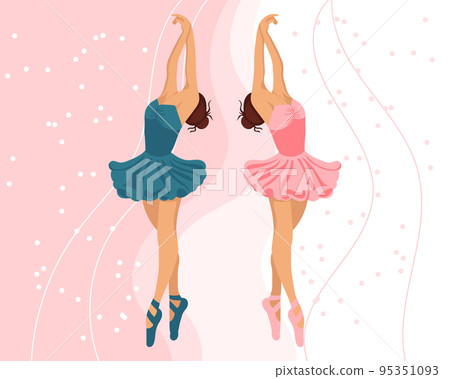 A pair of dancing ballerinas in dresses and pointe shoes on an abstract background. Illustration, vector A pair of dancing ballerinas in dresses and pointe shoes on an abstract background. Illustration, vector 95351093