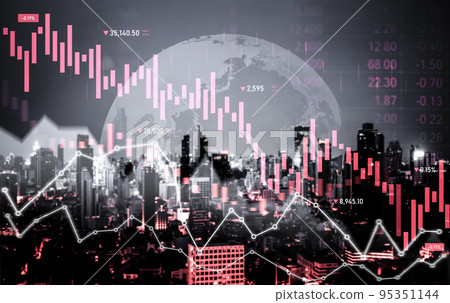 Economic crisis concept graphs falling down with modernistic urban, city area. 95351144