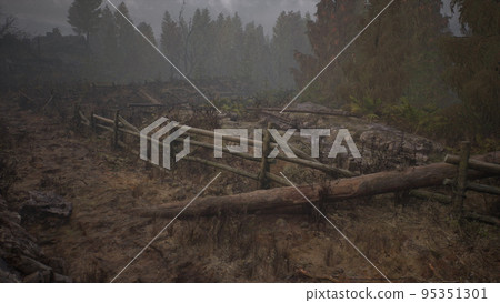 An old wood fence with a country field behind it 95351301
