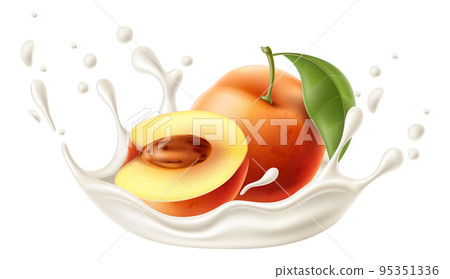 Realistic yogurt fruit splashes. Whole or half peach. Fermented milk drops and liquid burst. Cream beverage splatters. Dairy product taste. Healthy food. Vector natural nectarine pieces 95351336