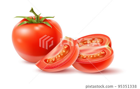 Realistic vegetable. 3D agriculture food. Fresh farm vegetarian product. Whole and sliced tomatoes. Healthy diet nutrition. Ripe harvest. Plant fruit pieces. Vector cooking raw ingredient 95351338
