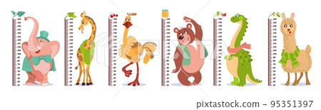 Cartoon kids growth rulers. Cute animals with wall measuring meter scales. Elephant and giraffe. Babies height centimeter measurement. Bear and ostrich. Splendid vector stadiometers set 95351397