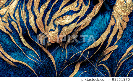 Spectacular pattern of teal and gold fur like liquid digital art 3D illustration 95351570