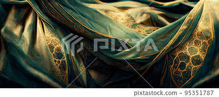 Spectacular and luxurious green and golden fabric. Digital art 3D illustration. 95351787