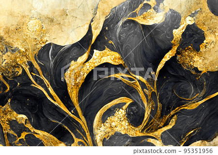 Spectacular dark black and gold ink swirled around. Digital art 3D illustration. Spectacular dark black and gold ink swirled around. Digital art 3D illustration. 95351956