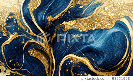 Spectacular dark blue and gold ink swirled around. Digital art 3D illustration. Spectacular dark blue and gold ink swirled around. Digital art 3D illustration. 95351998