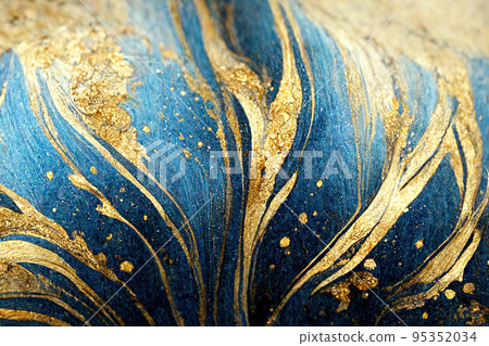 Spectacular dark blue and gold ink swirled around. Digital art 3D illustration. 95352034