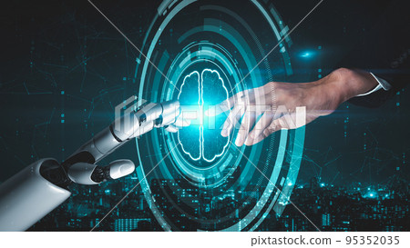 Futuristic robot artificial intelligence enlightening AI technology concept 95352035
