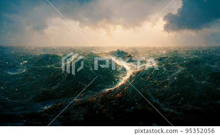 Spectacular stormy ocean with rough wave. Digital art 3D illustration. 95352056