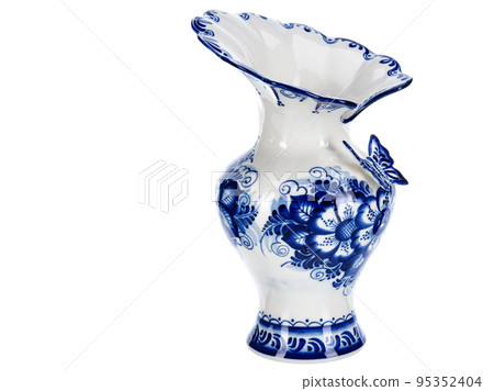 Cobalt Blue Porcelain Ceramic Vase Isolated on white. Traditional folk painting with pattern. Decor for interior design of premises, use for flower Cobalt Blue Porcelain Ceramic Vase Isolated on white. Traditional folk painting with pattern. Decor for interior design of premises, use for flower 95352404