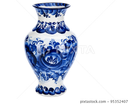 Cobalt Blue Porcelain Ceramic Vase Isolated on white. Traditional folk painting with pattern. Decor for interior design of premises, use for flower 95352407