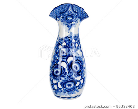 Cobalt Blue Porcelain Ceramic Vase Isolated on white. Traditional folk painting with pattern. Decor for interior design of premises, use for flower Cobalt Blue Porcelain Ceramic Vase Isolated on white. Traditional folk painting with pattern. Decor for interior design of premises, use for flower 95352408