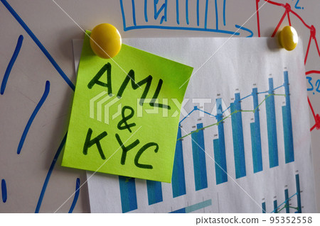 AML and KYC sticker on the whiteboard with financial data. AML and KYC sticker on the whiteboard with financial data. 95352558