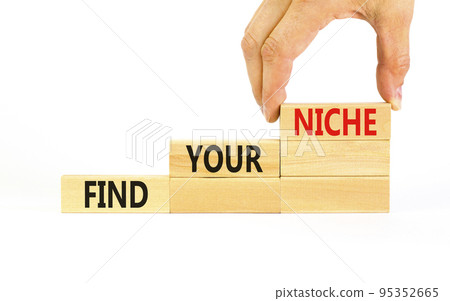 Find your niche symbol. Concept words Find your niche on wooden blocks. Businessman hand. Beautiful white table white background. Business and find your niche concept. Copy space. 95352665