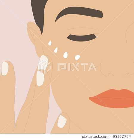 Close up cropped portrait of young woman applying cream on her face 95352794