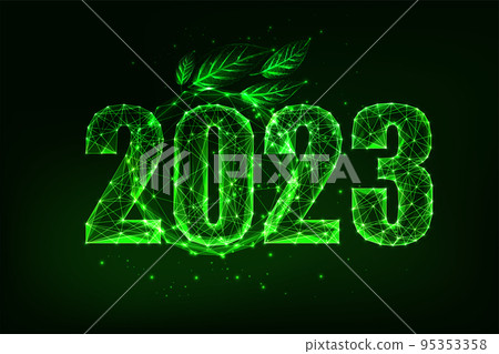 Sustianable future 2023 New Year web banner with green digits and leaves. ESG 2023 plan. 95353358