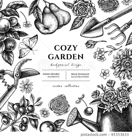 Gardening hand drawn illustration design. Background with sketch watering can, apples, cherry, pears, shovel, rake, secateurs, chamomile, sunflower, forget me not flower, ranunculus, great orange-tip Gardening hand drawn illustration design. Background with sketch watering can, apples, cherry, pears, shovel, rake, secateurs, chamomile, sunflower, forget me not flower, ranunculus, great orange-tip 95353633