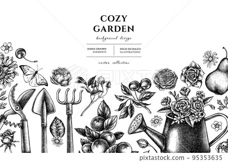 Gardening hand drawn illustration design. Background with sketch watering can, apples, cherry, rose, pears, shovel, rake, secateurs, chamomile, sunflower, forget me not flower, ranunculus, great Gardening hand drawn illustration design. Background with sketch watering can, apples, cherry, rose, pears, shovel, rake, secateurs, chamomile, sunflower, forget me not flower, ranunculus, great 95353635