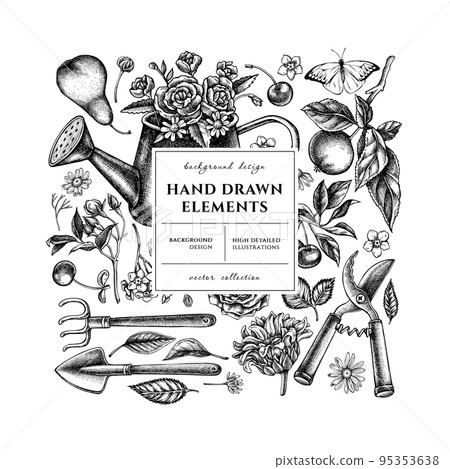 Gardening square card or invitation design. Frame design with watering can, apples, cherry, rose, pears, shovel, rake, secateurs, chamomile, sunflower, forget me not flower, great orange-tip, roses. 95353638