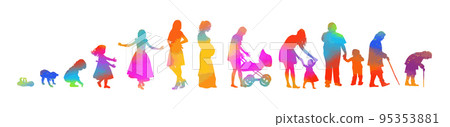 Editable vector colorful silhouettes of different stages of a woman's life . Vector illustration 95353881