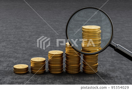 Rising Heaps of Coins on Dark Background with Magnifier Glass Rising Heaps of Coins on Dark Background with Magnifier Glass 95354029