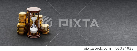 Hourglass ahead of Stacks of Coins on Dark... - Stock Illustration ...