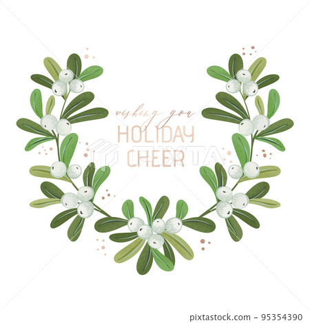 Christmas wreath, Green mistletoe branches, white berries. Winter Xmas holiday design greeting card template 95354390