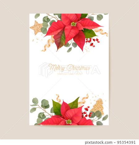 Elegant Merry Christmas and New Year Card with Poinsettia Realistic Flowers, Mistletoe. Winter 3d plants design 95354391