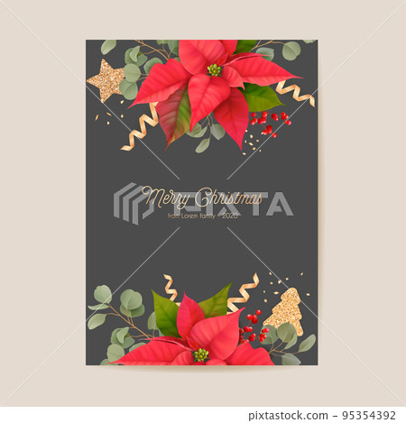 Elegant Merry Christmas and New Year Card with Poinsettia Realistic Flowers, Mistletoe. Winter 3d plants design 95354392