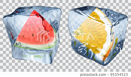 Transparent ice cubes with slices of watermelon and orange 95354523