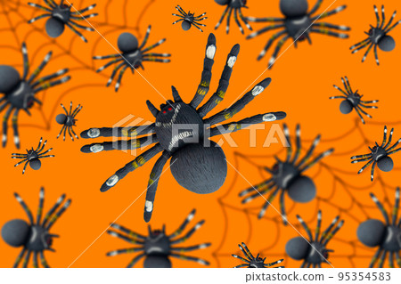 Black spiders on an orange background . Halloween theme. Poster, banner. 95354583