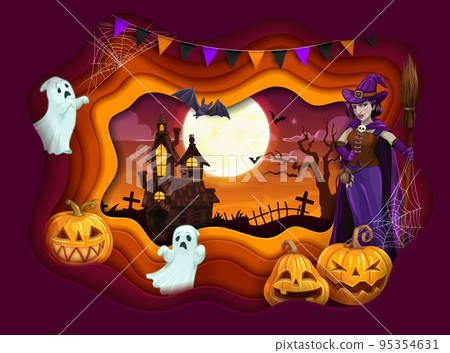Halloween paper cut cartoon witch, pumpkins, ghosts and landscape. Vector party poster with hag in purple dress holding broom, jack lanterns, spooky ghost at haunted creepy castle on cemetery at night Halloween paper cut cartoon witch, pumpkins, ghosts and landscape. Vector party poster with hag in purple dress holding broom, jack lanterns, spooky ghost at haunted creepy castle on cemetery at night 95354631