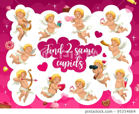 Find two same cartoon cupid angels, game worksheet or vector puzzle brainteaser. Riddle game to match and find similar cartoon funny Valentine day cupids with arrow and bow, gifts and love hearts 95354664